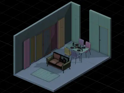 Isometric Dining Living Room With Wooden Floor 3D model