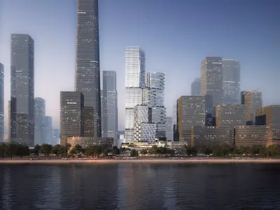 Modern Riverfront Cityscape with Mixed-Use Glass Skyscraper 3D model