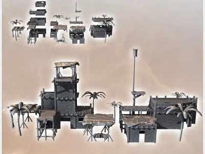 Set of fortified Eastern buildings with palm trees surveillance  3D print model