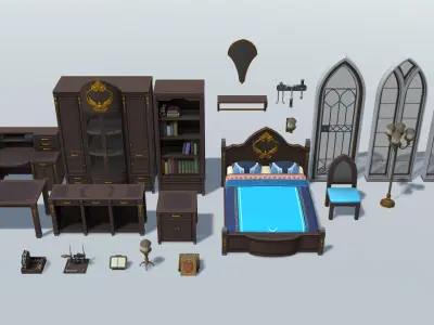 Bedroom Set B wooden cabinet with gold details Low-poly 3D model