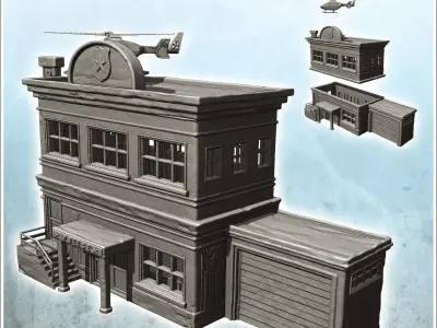 Police station with vehicle garage and rooftop helicopter 10 3D print model