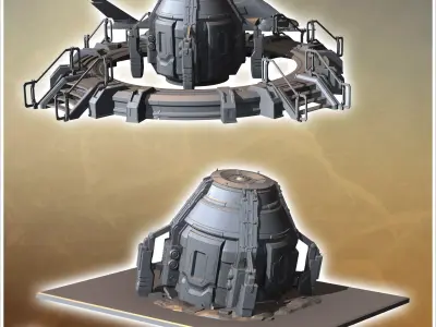 Futuristic escape pod with a satellite communication dishes on r 3D print model