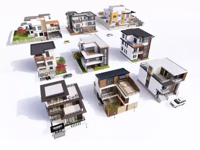Architecture house backdrop residential  office building city 3D model 9
