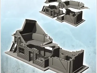 Two-storey brick factory with chimney and steel beam destroyed v 3D print model