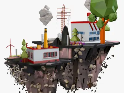 Floating Factory Island Low Poly 3D model