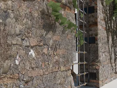 Rustic Stone Facade with Aged Metal Door and Foliage 3D model