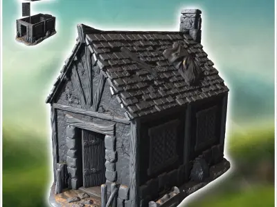 Medieval house with half-timbered walls tiled roof and fireplace 3D print model