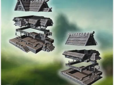 Rustic wooden house with overlapping roof shingles thick wooden  3D print model