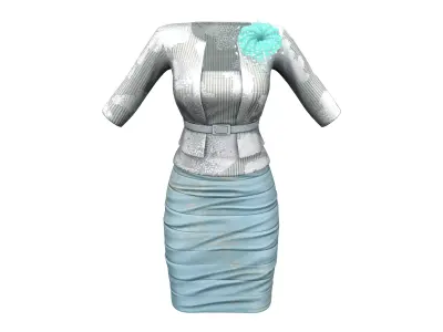 Ladies Belted Jacket Blazer And Horizontally Pleated Skirt Low-poly 3D model