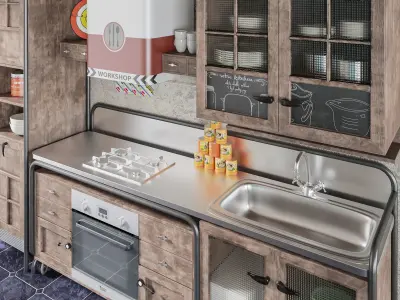 Rustickitchen kitchen with wooden floors and tiled walls 3D model