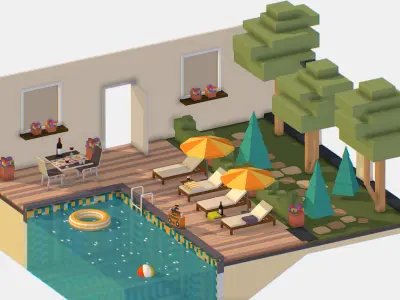 Relax by the pool on the sun loungers Low-poly 3D model
