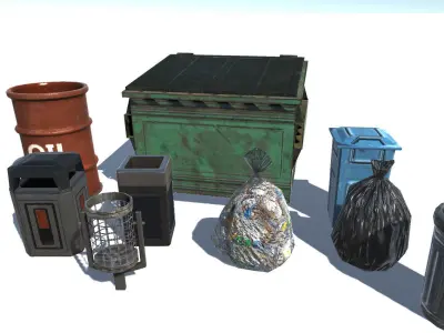 Trashbin set oil cans and barrels Low-poly 3D model