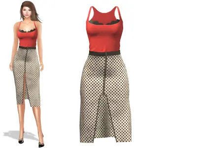 Red Strap Top And Front Slit A-Line Skirt Outfit Low-poly 3D model