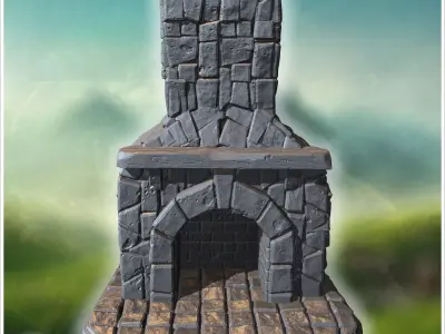 Rustic stone chimney with intricate brickwork and textured base  3D print model