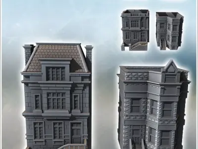 Set of two European houses with upper floor and access staircase 3D print model
