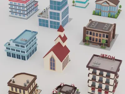 10 Low Poly Buildings Set Low-poly 3D model