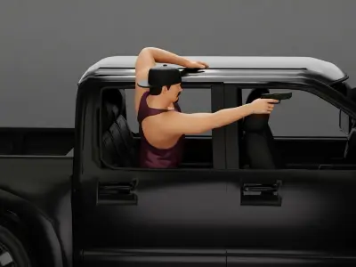 Gangster in cap shooting gun leaning out the window of the car 3D print model