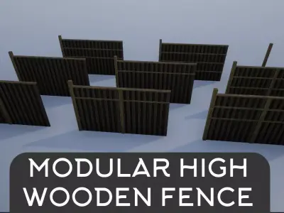 Modular High Wooden Fence Low-poly 3D model