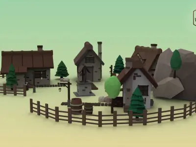Low Poly Mountain Village Low-poly 3D model