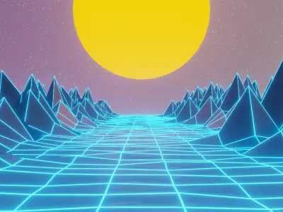 Cybermounts futuristic landscape with mountains and sun Low-poly 3D model