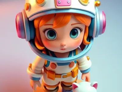 Cute Astronaut Girl Chibi Space Explorer Pet Cat Adorable Suit Low-poly 3D model