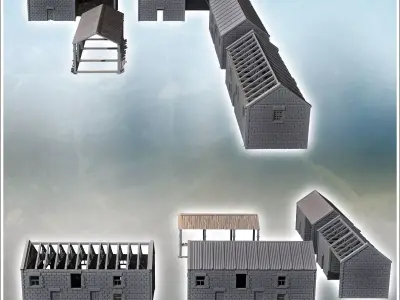 Set of four cinder block buildings with a roofed canopy 12 - Mod 3D print model