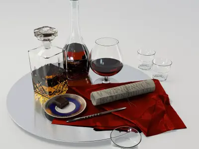Set whiskey and cognac decanter on dish 3D model