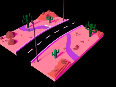 Low Poly Desert with cactus and road Low-poly 3D model
