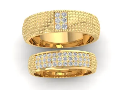 Luxury Textured  Wedding Band Set with Square Accent Stones 802 3D print model