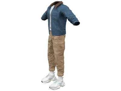 Men Cargo Pants Denim Jacket Tshirt Sports Shoes Outfit Low-poly 3D model