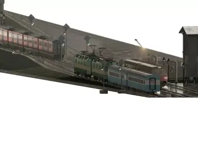 TRAIN DEPOT WITH BRIDGE AND TRAINS 3D model