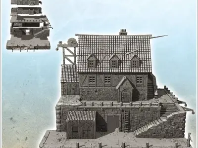Large medieval building on stone platform with port 9 - Pirate J 3D print model