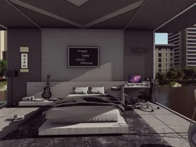 Modern Gray Minimalis Bedroom Design 3D model