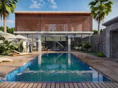 Exterior and Interior House with open water pool in courtyard 3D model