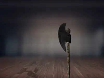 Realistic Axe in middle of wooden floor 3D model