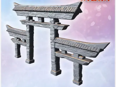Torii gate with three arched sections and detailed textured wood 3D print model