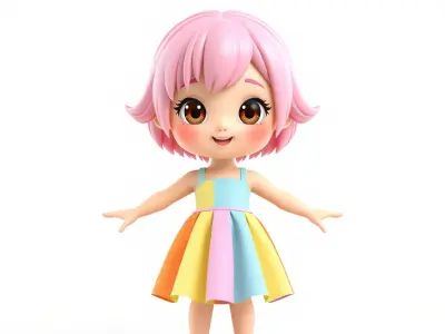 Rainbow Dress Chibi Girl D Character with Pink Hair Low-poly 3D model