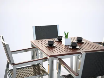 Table with four metal chairs 3D model