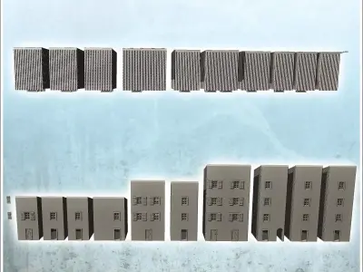 Set of ten urban multi-storey buildings with single roof intact  3D print model
