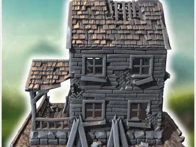 Two-story wooden house with a damaged porch broken windows and a 3D print model
