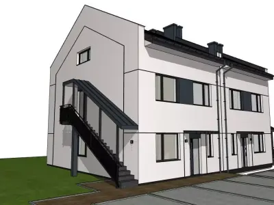 Semi Detached Duplex House 3D Model  Modern Two Unit Building 3D model