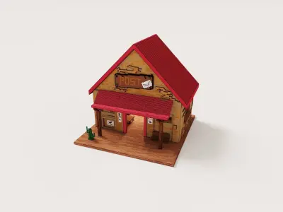 Voxel Wild West Post Office with a cactus and furniture Low-poly 3D model