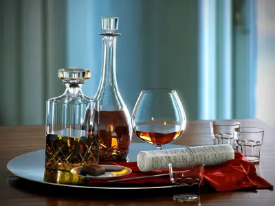 Set whiskey and cognac decanter on dish 3D model