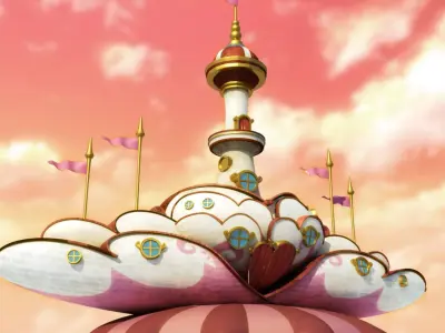 Cartoony Stylized Love Castle with windmill fountain bridges 3D model