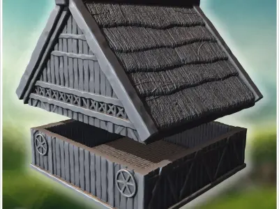 Medieval timber-framed house with thatched roof chimney and wood 3D print model