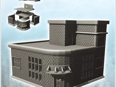 Brick corner building with entrance canopy and roof access 15 -  3D print model