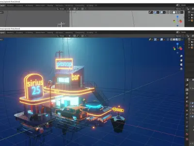 Low poly pitstop neon-lit building in ocean Low-poly 3D model