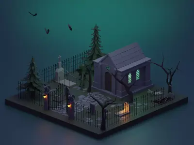 Cemetery bat flying in sky Low-poly 3D model