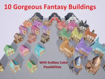 Set of 10 Medieval Fantasy Buildings Game Ready 3D Model Pack