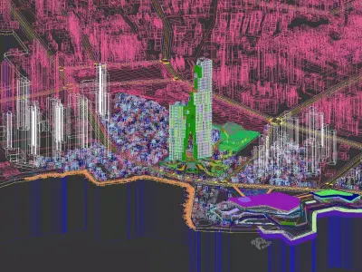 Waterfront Cityscape with Landmark Glass Tower and Promenade 3D model